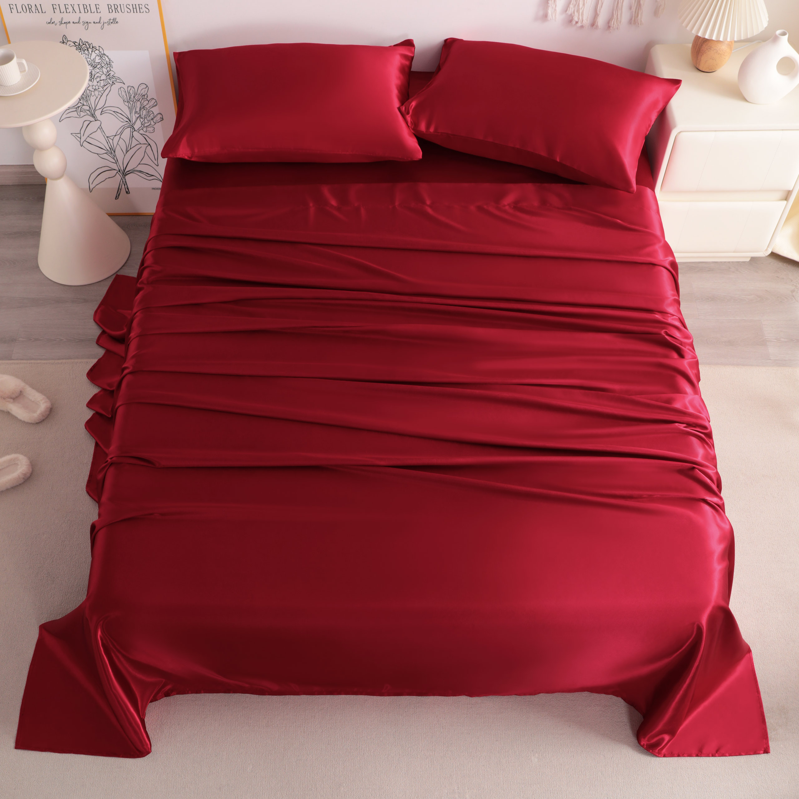 Aerisaura 4 Pieces Silky Satin Queen Soft Bed Sheet Set, Wine Red